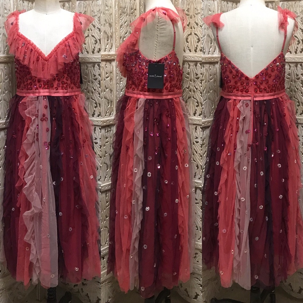 NEEDLE & THREAD Rainbow Tulle Midi Dress in Cherry - Picture 1 of 1